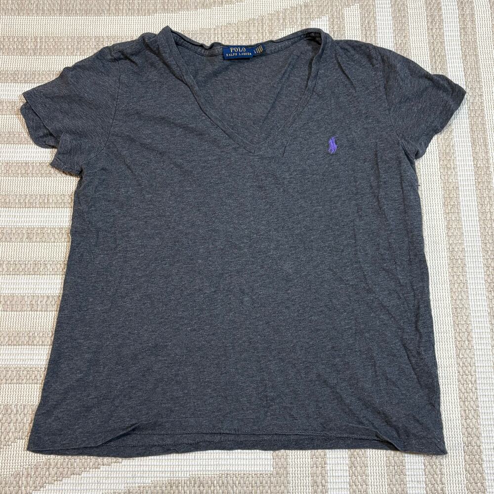 Polo Ralph Lauren Women's Largo Purple Pony gray V-Neck T-Shirt Preppy